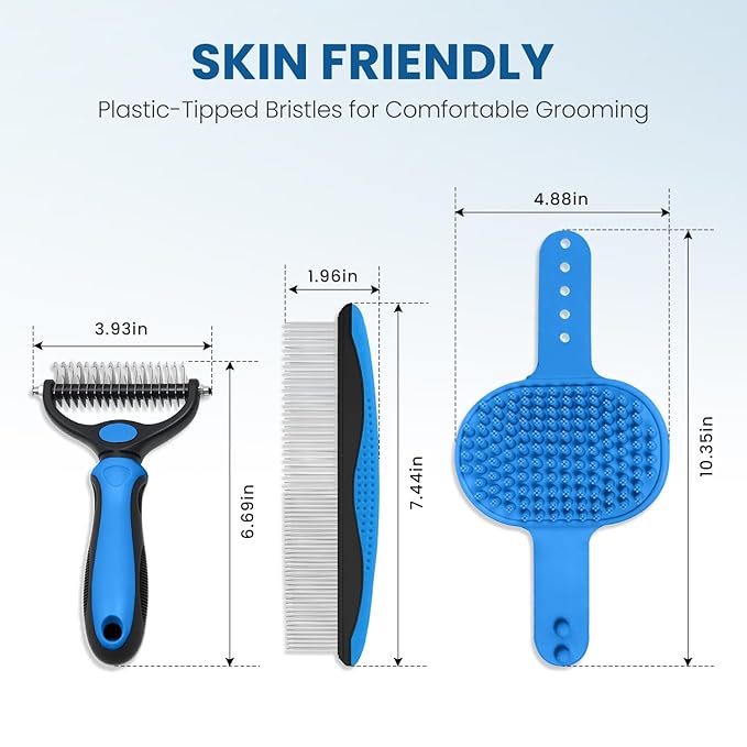 Double-Sided Pet Grooming Rake - 4-in-1 Professional Pet Grooming Kit, Deshedding Dematting Tool for Dogs, Cats, Extra-Wide Grooming Brush & Deshedder Comb for Long and Short Haired Pets (4PCS Blue)