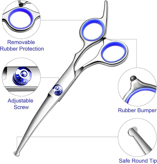 Dog Grooming Scissors Kit, Premium Stainless Steel Dog Shears with Curved Shears, Sharp Durable for Dogs Cats+Blue 4 Piece