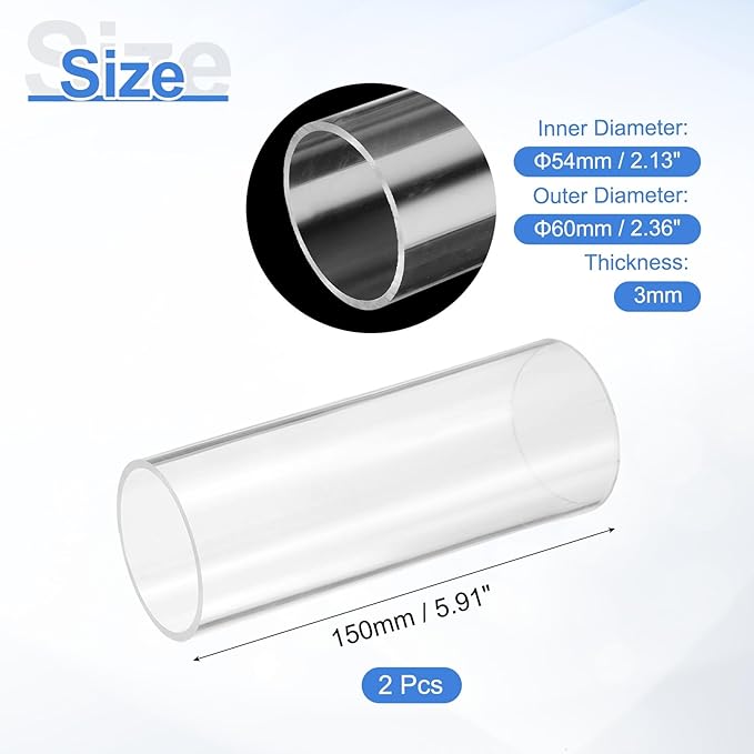 uxcell 2Pcs Clear Rigid Acrylic Pipe, 54mm(2.13") ID x 60mm(2.36") OD 6" Round Polycarbonate Tube Plastic Tubing for Plumbing, Lighting, Aquarium, DIY Projects