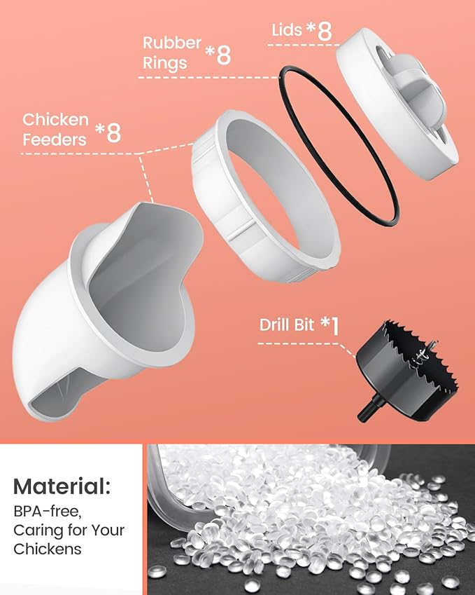 [8 Pack] Aopchry Automatic Chicken Feeder (White), Chicken Feeders No Waste Feed, Egg Shaped Thickened Design, Rain-Proof, Suitable for Various Poultry, with Mounting Hole Opener