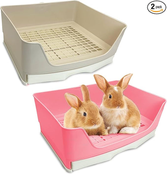 kathson 2PCS Large Rabbit Litter Box Trainer, Potty Corner Toilet with Drawer Bigger Pet Pan for Adult Hamster, Guinea Pig, Ferret, Galesaur, Bunny and Other Animals (Pink,Brown)