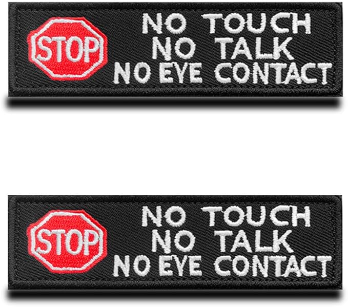 2 Packs Service Dog No Touch No Talk No Eye Contact Stop Warning Safe Dog Vests/Harnesses Patch Hook & Loop Embroidered Dog Badge Emblem for Service Dog Working Dog Guide Dog Animals