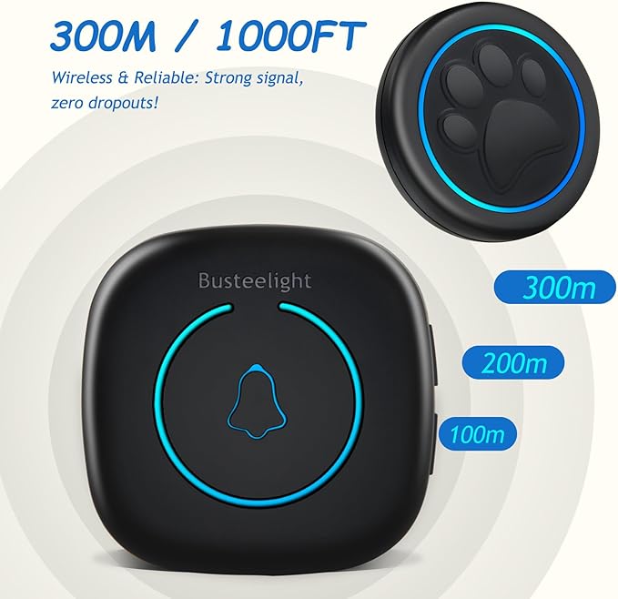 Soft Ring Blk Dog Bells to Go Outside - Wireless Dog Door Bell with 1000ft Range, 60 Melodies, LED, Waterproof Potty Training Bell for Dogs - Dog Door Bells for Potty Training(1 Bell & 1 Receiver)