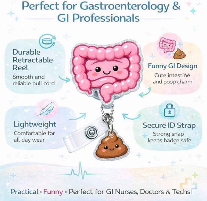 Intestines and Poop Badge Reel Funny Colon Anatomy Humor Hospital Clinic ID Name Holder with Retractable Clip Gift for Gastroenterology Gastro Nurse Medical Assistant Endoscopy RN Healthcare Workers