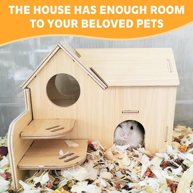 Hamster House,Tiny House with Slide House, Double-Decker Hut,Hamster Cage Accessories,Small Animal Habitat Decor for Hamster