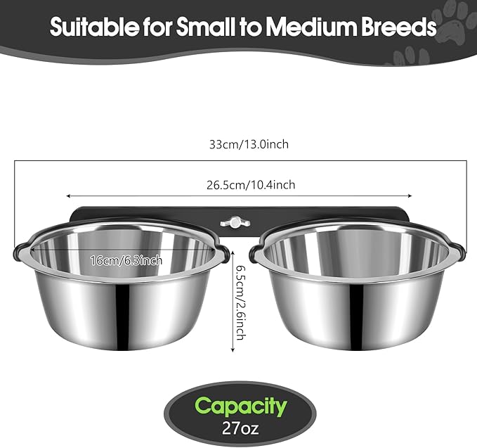 Dog Crate Water Bowl No Spill, 2 Pack Pet Stainless Steel Kennel Food Bowls | Hanging Non-tipped Design, Holds 27oz/Bowl, Promotes Elevated Feeding, for Kennel & Cage, Durable Metal Construction