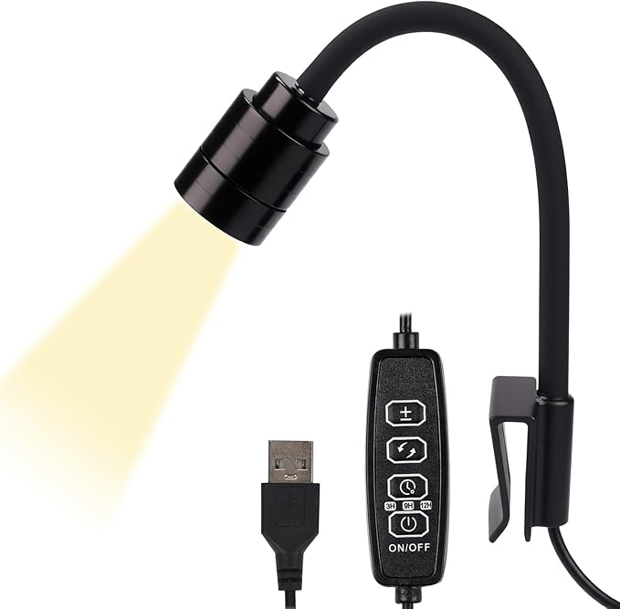Zoom Mini Aquarium Spotlight with Timer – Gooseneck Clip-On Lamp, 15°–90° Zoom Beam, Tri-Color White/Warm White/Warm Light, Full Brightness Dimming (Black - 3H/9H/12H Timer)