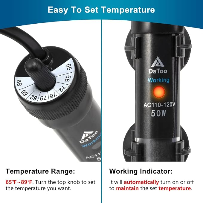 DaToo Aquarium Heater Adjustable 100W Submersible Fish Tank Heater with Electronic Chip Thermostat Suitable for Marine Saltwater and Freshwater