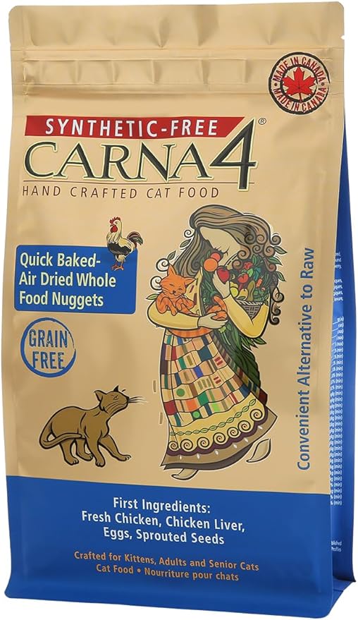 CARNA4 Air Dried Cat Food, Chicken Recipe, Quick Baked Whole Food Nutrition with Sprouted Seeds, Natural Probiotics & Enzymes, No Synthetics - 4lbs