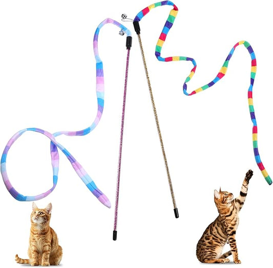 2 Pcs Interactive Cat Rainbow Wand Toys, Colorful Ribbon Teaser with Bells Plush String Toy for Bored Indoor Cats Kittens, Extended Length 15.35in Sturdy Pole for Exercise Keep Fit