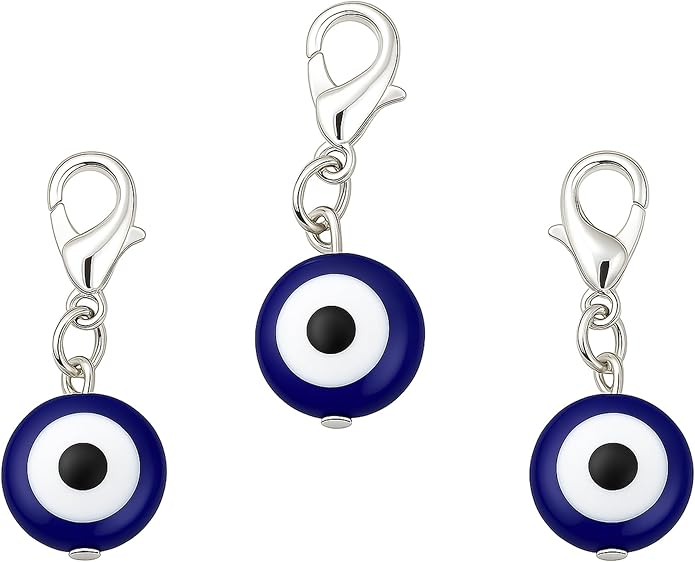Evil Eye Charm Pendants Blue White Resin Alloy Clip-On Tiny DIY Bracelet Necklace Keychain Pet Collar (3 Pcs)