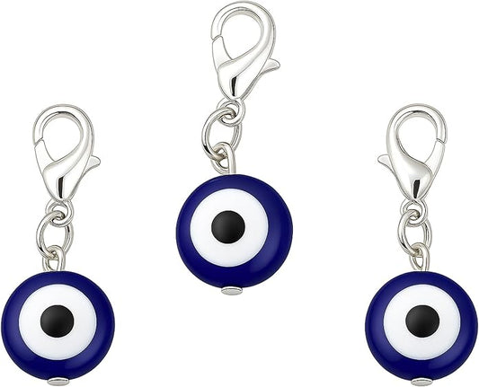 Evil Eye Charm Pendants Blue White Resin Alloy Clip-On Tiny DIY Bracelet Necklace Keychain Pet Collar (3 Pcs)