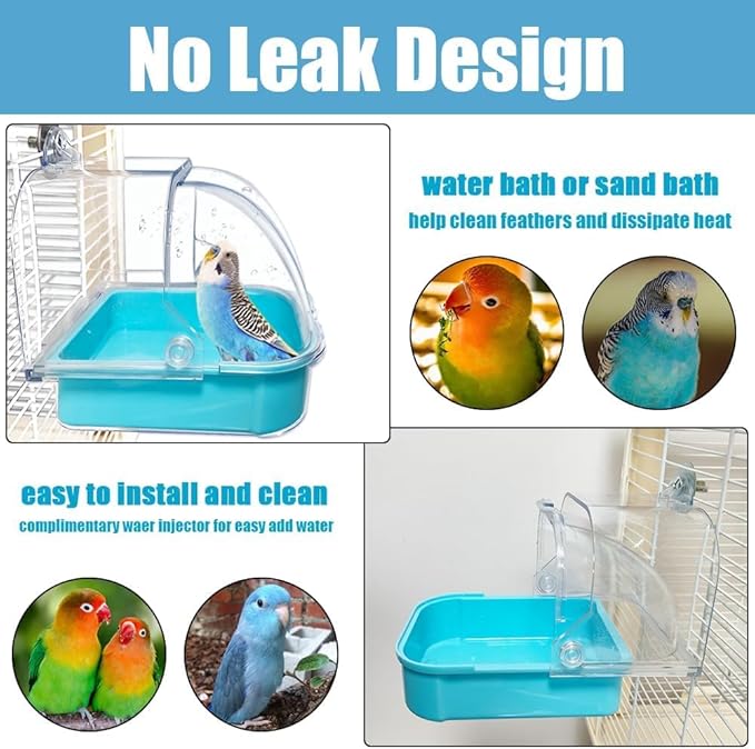 Bird Bath for Cage - Spacious Parakeet & Parrot Bathtub with Hanging Hooks, Portable Shower for Most Birdcages, Cleaning Pet Supply (Blue)