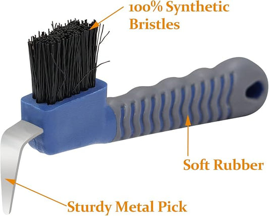 Harrison Howard Horse Hoof Pick Brush with Comfortable Firm Rubber Handle Fine Brush Sturdy Metal Pick