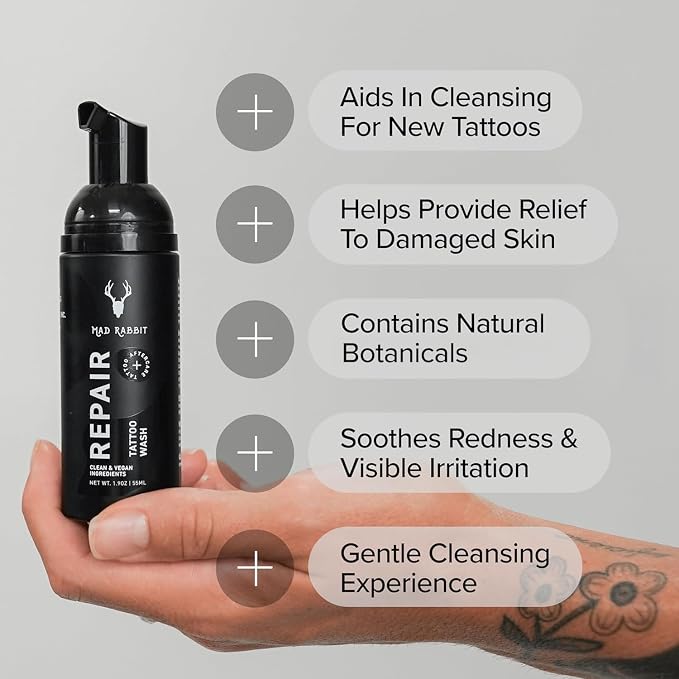 Mad Rabbit Tattoo Aftercare Soap - Tattoo Soap for New Tattoo - Fragrance Free Foam Wash - Unscented, Cleaner Made with Clean + Vegan Ingredients, 2oz