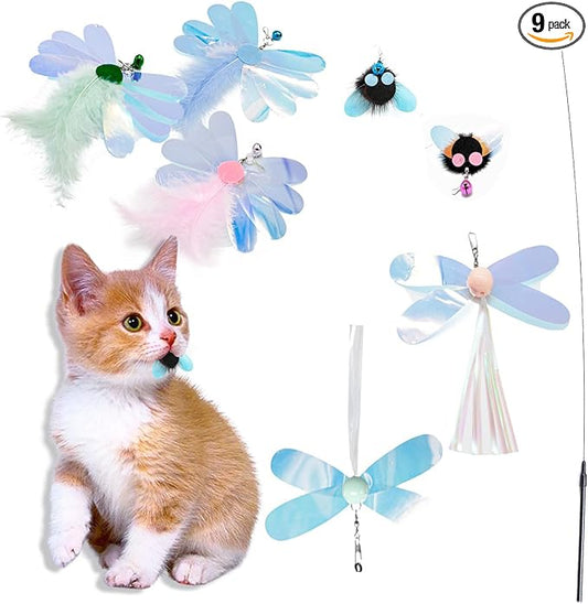 Shiny Insect Replacements for Cat Wand Toy, 7 PCS Kitten Teaser Refills with Bells for Cat Fishing Pole Toy, Bugs Refills for Interactive Play, Chase and Exercise, (Insects + Teaser)