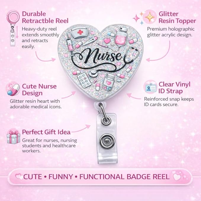 Nurse Heart Badge Reel Bling Acrylic Cardiac ID Name Holder with Retractable Clip Nursing Student School Essentials NICU ICU ER Accessories Valentine Gift Medical Assistant Cardiology MA RN LPN CNA