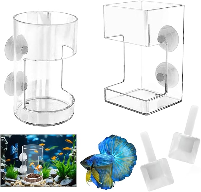 Automatic Fish Feeder for Aquarium Suction Cup, Acrylic Automatic Feeding Ring with 2 Spoons,Clear Turtle Shrimp Feeder for Fish Tank(Square+Round)