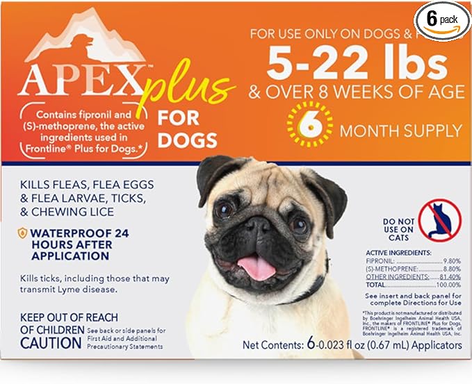 Apex Plus Flea and Tick Prevention for Dogs | Small (5-22 lbs) | 6-Month Supply | Dog Flea and Tick Treatment | 24-Hour Activation, Waterproof, 30-Day Protection
