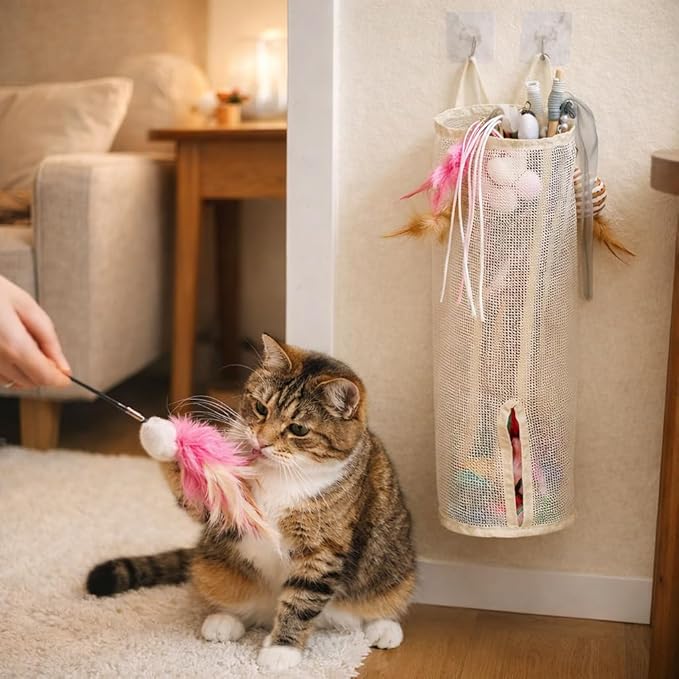 Cat Wand Toy Storage Organizer, Wall Mounted Mesh Holder for Cat Toys, Space-Saving with Adhesive Hooks (Single Compartment)