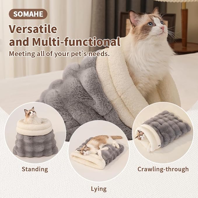 SOMAHE Cat Sleeping Bag for Indoor Cats, Faux Fur Pet Cave Bed & Burrow Nest, Reversible Plush Snuggle Sack, Portable Foldable Mat, Machine Washable, Anti-Static, 21.7"x17.7"Grey