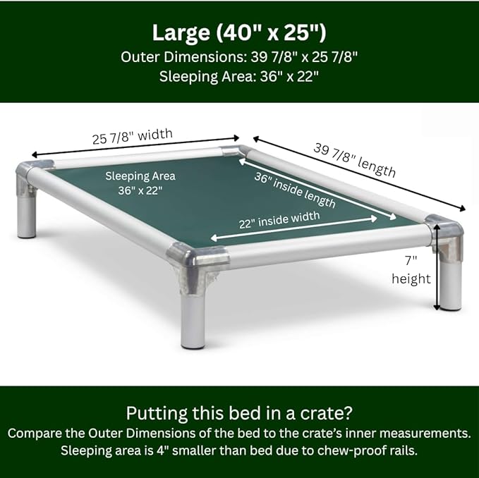 Kuranda Chewproof Elevated Dog Bed - Silver Aluminum - 40" x 25" - Heavy Duty Vinyl - Forest