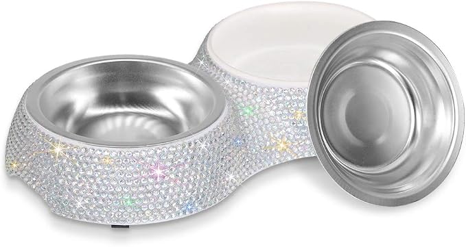 SAVORI Small Dog Bowls, Handmade Bling Rhinestones Stainless Steel Pet Bowls Double Food Water Feeder for Puppy Cats Dogs Cats (AB Color-320ml)