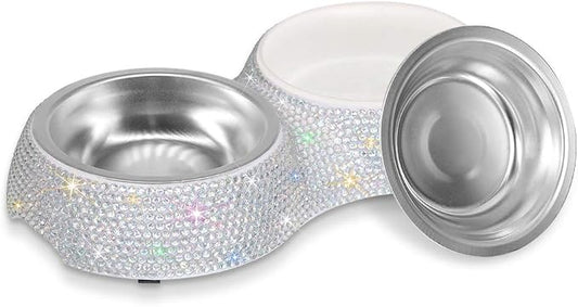 SAVORI Small Dog Bowls, Handmade Bling Rhinestones Stainless Steel Pet Bowls Double Food Water Feeder for Puppy Cats Dogs Cats (AB Color-320ml)