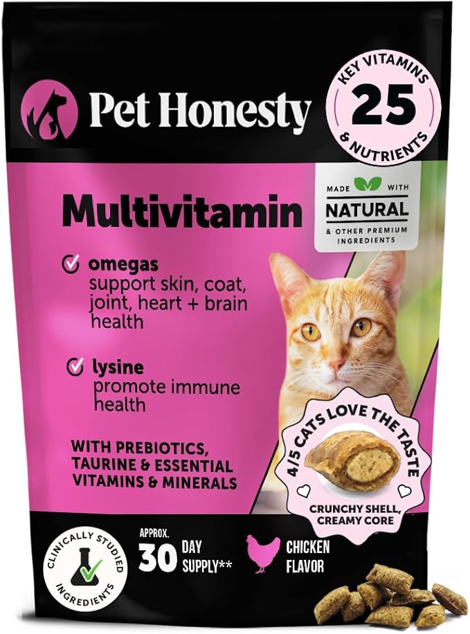 Cat Multivitamin Crunchy & Creamy Chews - Cat Treats for Health + Immune, Joint Support, Skin & Coat, & Digestion - Vitamins with Omega 3s, Lysine & Probiotics (30 Day Supply)