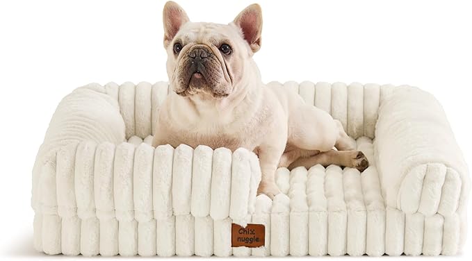 ChiXnuggle Orthopedic Dog Bed with Bolster Sides for Sleeping, Fluffy Plush Rectangular Dog Bed Medium Sized Dog, Luxury Striped Faux Fur Waterproof Dog Couch with Removable Washable Cover, Cream