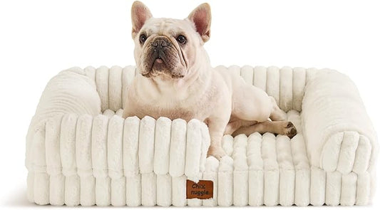 ChiXnuggle Orthopedic Dog Bed with Bolster Sides for Sleeping, Fluffy Plush Rectangular Dog Bed Medium Sized Dog, Luxury Striped Faux Fur Waterproof Dog Couch with Removable Washable Cover, Cream