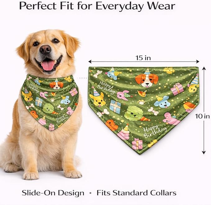 Luxury Satin Dog Bandana – Slip-On Collar Style, Premium Pet Scarf for Medium, Large & XL Dogs – Special Occasion Accessory (Collar Not Included) (Medium - Extra Large, Bday (Green))