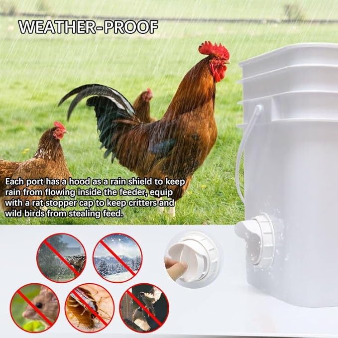 Chicken Feeder Port, 12 Pack Chicken Feeders No Waste with 12 Lids 1 Drill Bit, DIY Automatic Poultry Feeder Cups Kit, Chicken Bucket Feeder for Barrels (White)