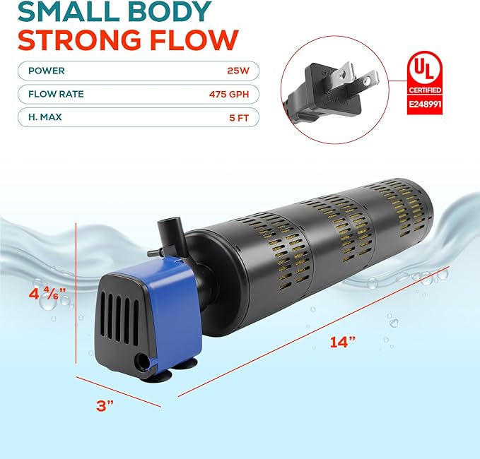 Aqua Dream 475 GPH Internal Aquarium Filter 3 in 1 Submersible Powerhead Pump with High-Volume Air Oxygenation & Sponge Filtration, 25W Adjustable Flow Water Cycling Pump for Large Fish Tanks - 4 Pcs