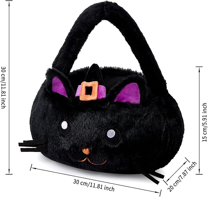 Halloween Plush Treat Basket, Halloween Candy Basket, Trick-or-Treat Bag(Black Cat Witch)