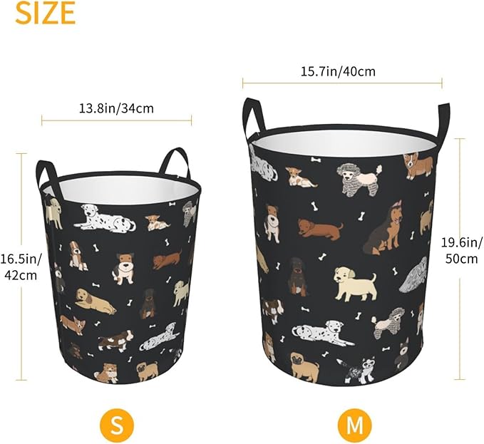 Cute Dogs Round Laundry Hamper Cartoon Puppy Animals Storage Basket Toys Clothes Organizer Bin For Home Bathroom Bedroom Dorm Nursery, 62l