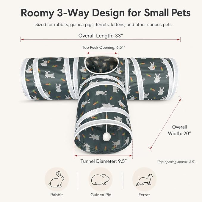 Rabbit Tunnel Toy, Collapsible 3-Way Hideout Tunnel with Chew Toys for Rabbits, Guinea Pigs, Ferrets, Kittens & Small Pets - Gray & White Bunny Carrot Design Hideout (33"x20"x9.5")