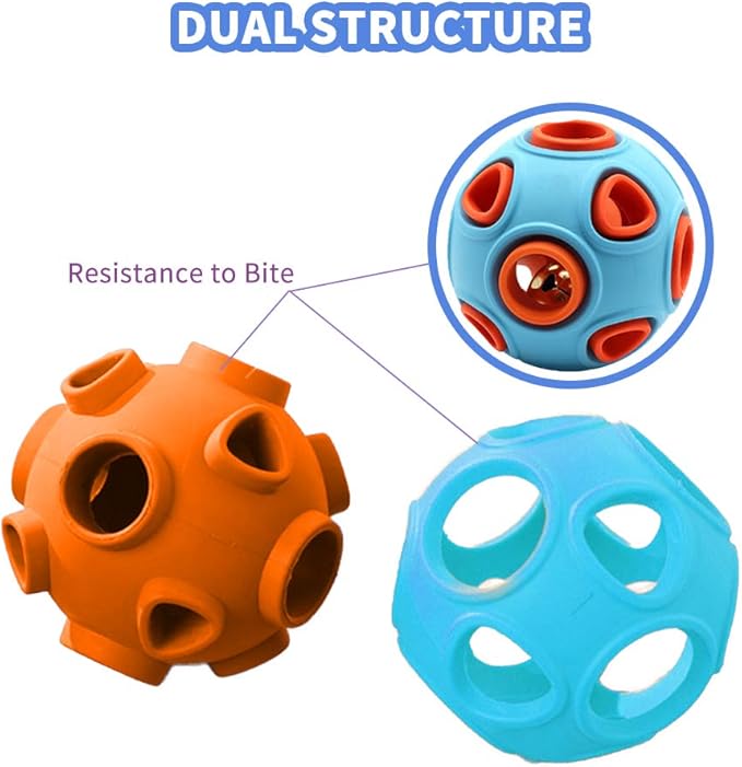 WishLotus Interactive Dog Toy With Ring Bell Squeak - Rubber Bouncy Ball for Pet Exercise, IQ Training, Search & Catch - Bite Resistant Chewing Puzzle Toy (L, Orange&Blue)