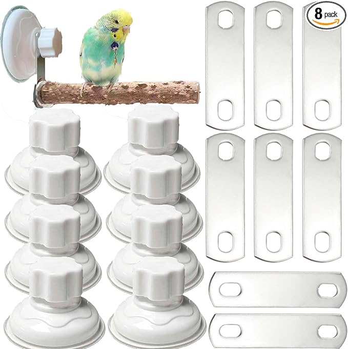 8 Pack Suction Cup Accessory Sets for Bird Perches Bird Stand Sticks Stand Toy Wood Platform for Parrot Parakeet Cockatiel Budgie Suction Cup for Window Bath Shower Car Travel Wall Outdoor Indoor