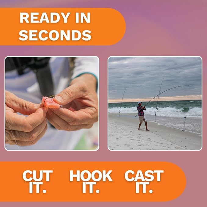 FishGum Surf Fishing Bait Strips for Saltwater Beach Fishing – Real Shrimp, Crab, Clam & Sand Flea Infused Scent – Artificial Cut Bait for Pompano, Redfish & Flounder