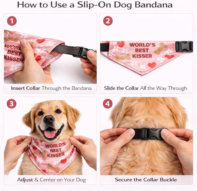 Luxury Satin Dog Bandana – Slip-On Collar Style, Premium Pet Scarf for Medium, Large & XL Dogs – Special Occasion Accessory (Collar Not Included) (Medium - Extra Large, World's Best Kisser)
