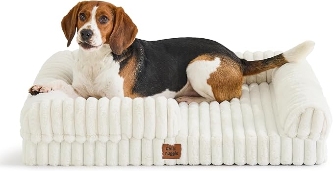 ChiXnuggle Orthopedic Dog Bed with Bolster Sides for Sleeping, Fluffy Plush Rectangular Dog Bed Large Sized Dog, Luxury Striped Faux Fur Waterproof Dog Couch with Removable Washable Cover, Cream