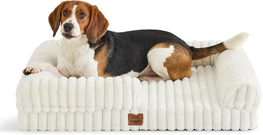 ChiXnuggle Orthopedic Dog Bed with Bolster Sides for Sleeping, Fluffy Plush Rectangular Dog Bed Large Sized Dog, Luxury Striped Faux Fur Waterproof Dog Couch with Removable Washable Cover, Cream