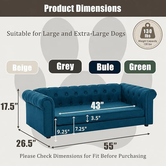 Large Dog Couch, for Large & Extra Large Dogs | Removable & Washable | No Assembly Required | Breathable Linen Fabric | Soft Foam |Floor-friendly sofa legs | Blue
