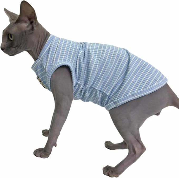 Sky Blue Stripe Sphynx Cat Vest Clothes for Hairless Cat T-Shirt Apparel | Sleeveless, Rib Knit, Thin for Summer, Cotton Blend