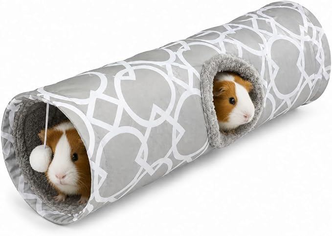 Plush Inside Stright Shape Small Animals Tube Tunnel with Interactive Ball for Guinea Pig, Hamster, Chinchilla, Hedgehog Hiding and Resting, Geometric Grey