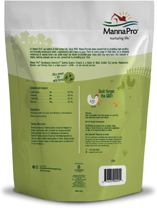 Manna Pro Farmhouse Favorites Quirky Quatro Crunch, 100% Natural Protein Treat for Mixed Flocks & Poultry – Blend of Black Solider Fly Larvae for Chicks and Chickens, Mealworms, Beetles & Shrimp – 2lb