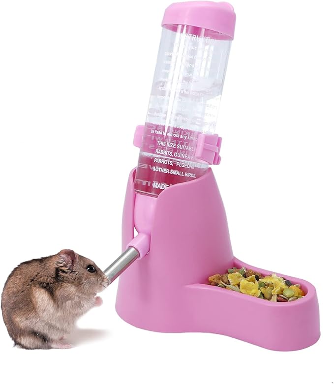 3 in 1 Hamster Hanging Water Bottle Pet Auto Dispenser with Base for Dwarf Hamster Mouse Rat Hedgehog (125ML, Pink)