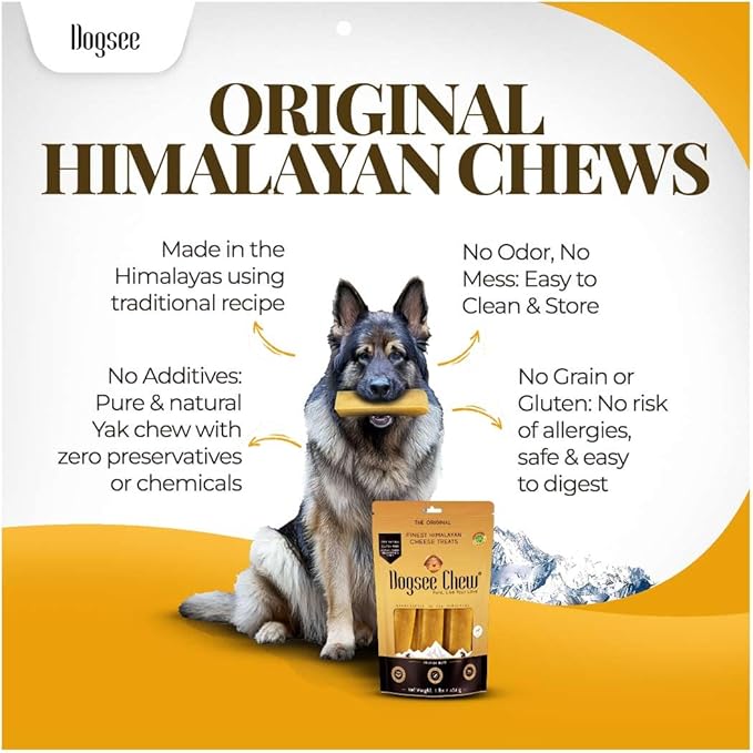 Dogsee Yak Cheese Himalayan Dog Chews 1lb (Large - 4 Bars) .100% Natural, 60% Protein, Dog Treats for Large Breed Dog Chews Long Lasting for Aggressive Chewers High Protein Dental Sticks.