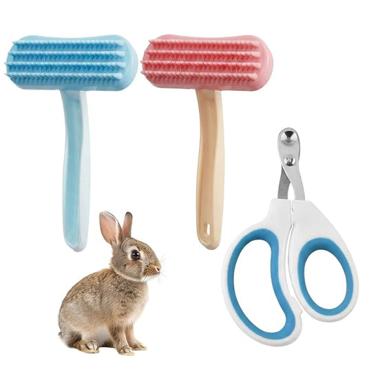 3PCS Bunny Brush Set, Silicone Pet Brush for Grooming, Rabbit Brush For Shedding Grooming, Hair Buster Comb for Small Animals, 2PCS Soft Silicone Brushes and 1PCS Nail Clipper Set for Gentle Pet Care